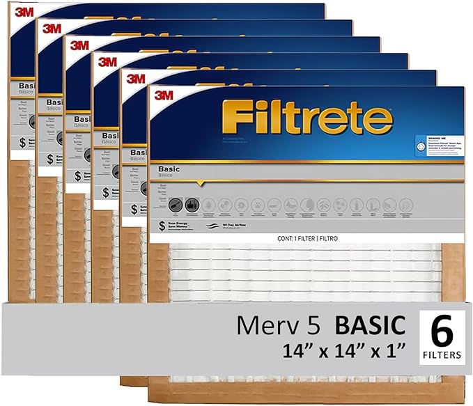 Filtrete 14x14x1 Air Filter, 3M MERV 5 HVAC AC Furnace Filter Replacement, 6-Pack (Actual Size 13.81x13.81x0.88 in)