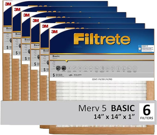 Filtrete 14x14x1 Air Filter, 3M MERV 5 HVAC AC Furnace Filter Replacement, 6-Pack (Actual Size 13.81x13.81x0.88 in)