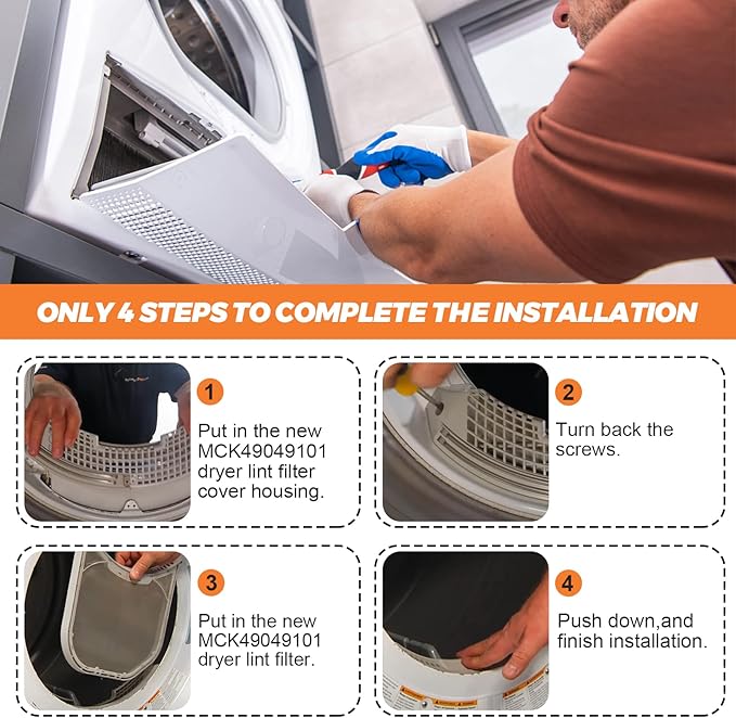 【2025 UPGRADED】2pcs MCK49049101 Dryer Lint Filter Screen Housing Guide Cover with ADQ56656401 Lint Filters Stainless Steel Mesh - Fit for L-G Ken-more Dryers DLEX3570V DLGX4271V 79691282310