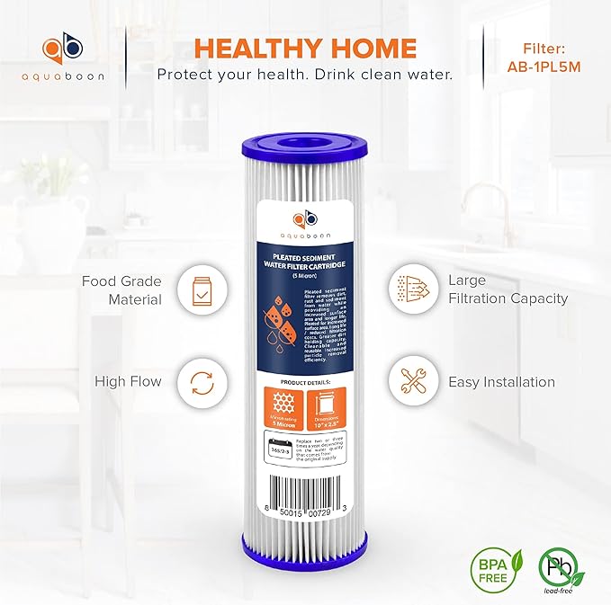 Aquaboon 5 Micron 10x2.5 Whole House Pleated Sediment Filter Cartridge for Well Water Filter Replacement Compatible with WFPFC3002, WHKF-WHPL, 4-Pack