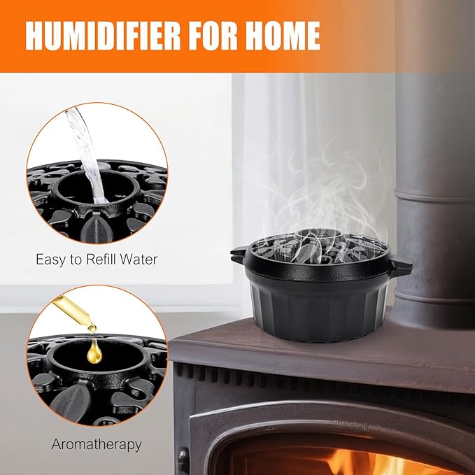 G GOOD GAIN Wood Stove Steamer - Cast Iron Round Bowl Fire Place Stove Humidifier Pot with Large Opening Top for Home Heating Decorative | Matte Finish & 2.7 Quart, Black