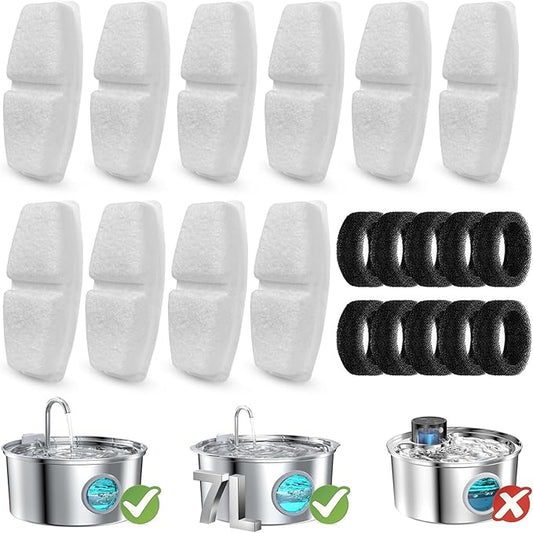 20 Pcs Cat Water Fountain Filters Compatible with 3.2L and 7L Dog Water Fountain,Including 10 Pcs Pet Water Filters & 10 Pcs Sponges(Not for Wireless Fountain)