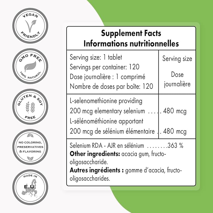 SuperSmart - L-Selenomethionine 200mcg per Day (Selenium Supplement) - High Absorption - Essential Trace Mineral | Non-GMO & Gluten Free - 120 Tablets