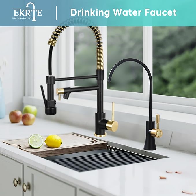 EKRTE Drinking Water Faucet for Kitchen Sink, Filtered Water Reverse Osmosis RO Faucet, Solid Brass,Non-Air Gap, Matte Black and Champagne Gold