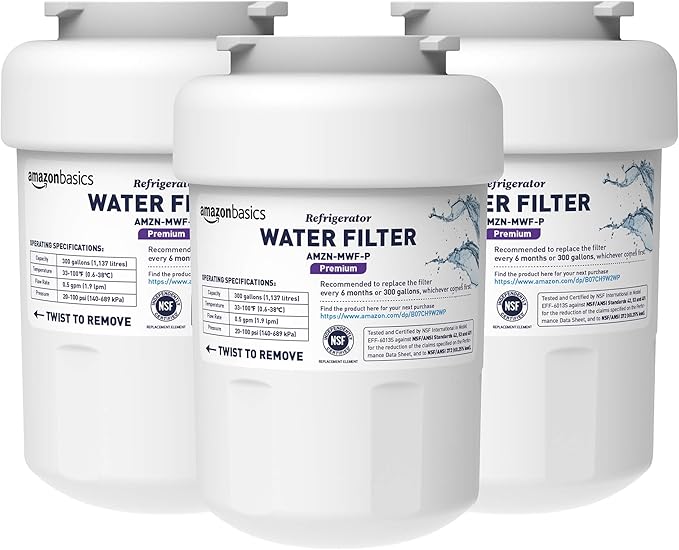 Amazon Basics Replacement GE MWF Refrigerator Water Filter for Filtration, NSF Certified, Compatible with GE and Kenmore, Premium Filtration, Easy to Install, Pack of 3
