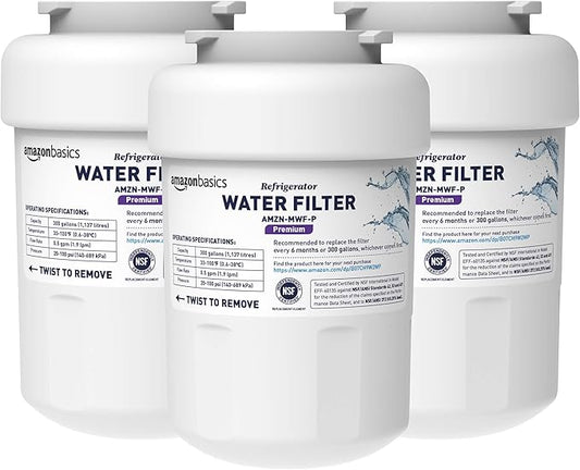 Amazon Basics Replacement GE MWF Refrigerator Water Filter for Filtration, NSF Certified, Compatible with GE and Kenmore, Premium Filtration, Easy to Install, Pack of 3