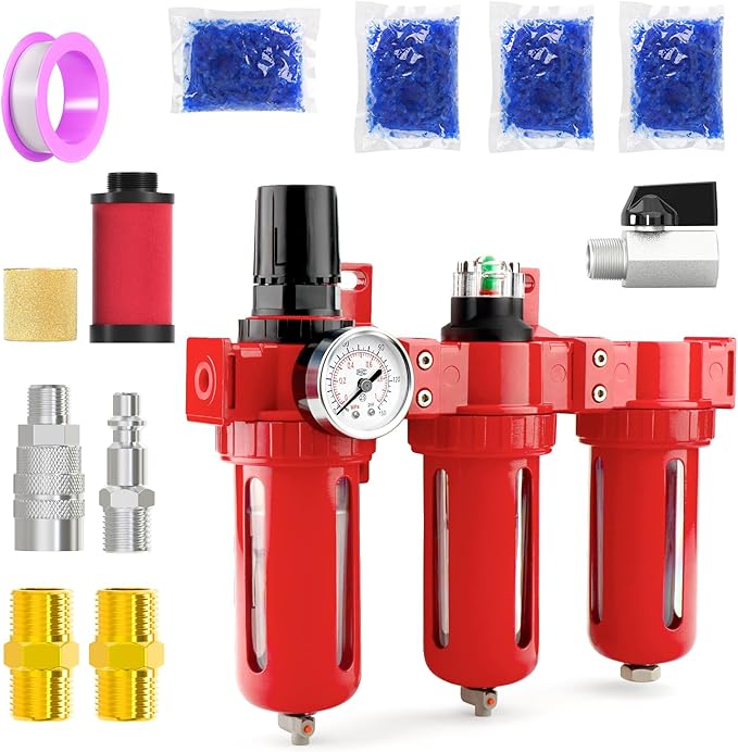 3 Stage Aluminium Air Drying System 1/4" NPT,Coalescing Filter, Particulate Filter, Desiccant Dryer and Air Regulator, Manual Drain, Mid Flow, For Plasma Cutter and Paint Spray