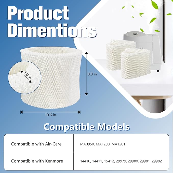 Funmit MAF1 Super Humidifier Wick Filter (4 Pack) Replacement for Air-Care MA1200, MA1201, MA0950 and Kenmore 14906, 14410, 14411, 15412, 29979, 29980, 29981, 29982 Humidifiers
