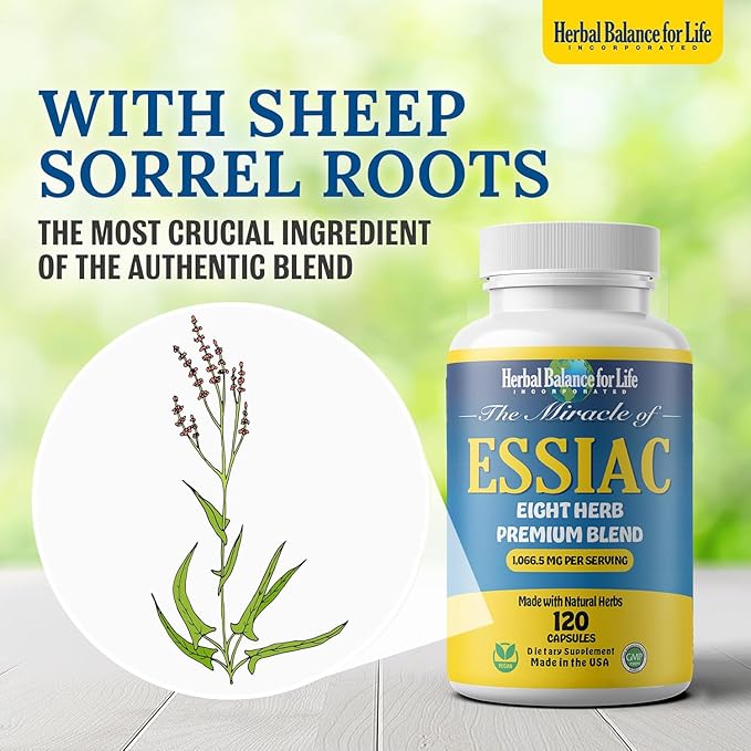 Natural Essiac Tea 8 Herb Capsules, 1066.5 mg per Serving - 120 Capsules, with Sheep Sorel Roots, More Potent 8-herb Essiac Tea Formula by Nurse Rene Caisse & Dr. Charles Brusch in The 1950s