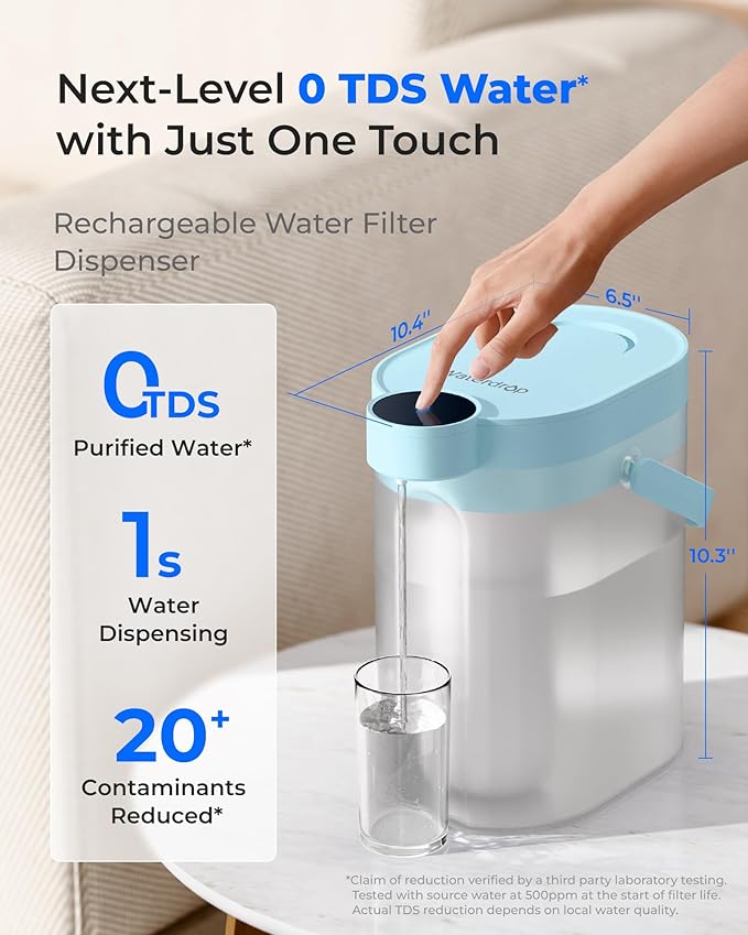 Waterdrop 0 TDS Zero TDS Water Rechargeable Water Filter Dispenser, 4-Stage Instant Electric Powerful Pitcher, Reduce Chlorine, Lead, 15-Cup Countertop Water Filtration System with 1 Filter, Blue