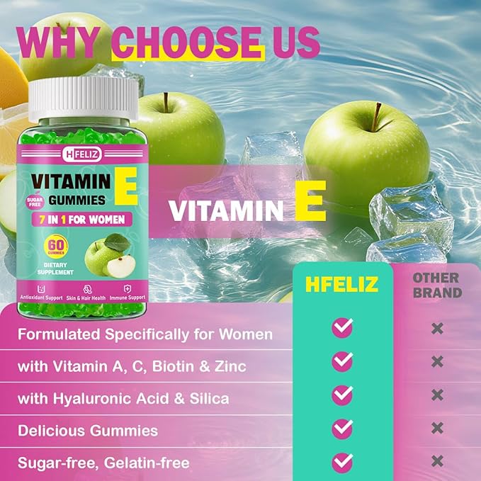 Vitamin E 400 IU Gummies, Vitamin E Supplements for Women, with VIT A, C, Biotin, Zinc, Hyaluronic Acid & Silica for Antioxidant, Immune Health, Skin & Hair, 60 Ct