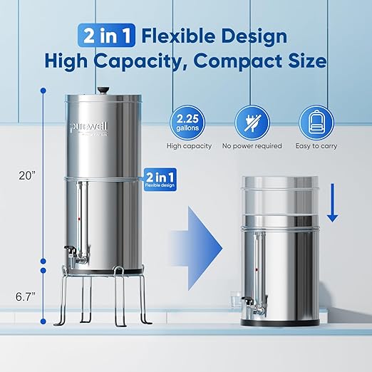 Purewell 7-Stage 0.01μm Ultra-Filtration Alkaline Water Filter System with 4 Filters, Metal Water Level Spigot and Stand, 304 Stainless Steel, Reduce Fluoride & Chlorine, pH 8-9, 2.25G, PW-OB-FT