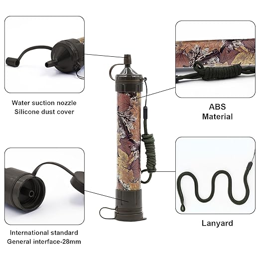 Water Filter Camping, Personal Backpacking Water Filter Straw Portable for Hiking Travels (Green Camouflage)