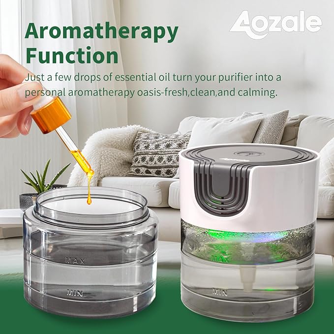 Aozale Water Air Purifier for Home, Quiet Variable Speed Water-Based Air Purifiers with LED Night Light, Essential Oil Aroma Diffuser, Humidifier & Freshener - for Home Pets Odors, Smoke (Gray)