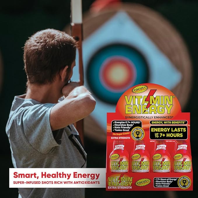Vitamin Energy Focus+ Extra Strength Daily Energy Shot – Tropical Infusion – 260mg Natural Caffeine, 100% DV B-Vitamins – Focus & Productivity Support – Zero Sugar, Vegan, Kosher – 1.93 fl oz, 24-Pack