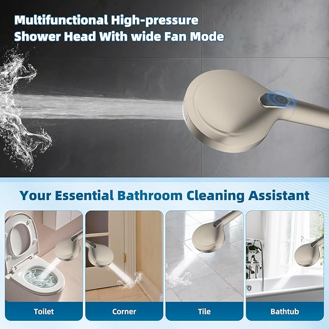 Hibbent All Metal Shower Head, 12'' High Pressure Rain Shower Head/Handheld Showerhead Combo with 16'' Adjustable Arc-shaped Extension Arm, 10 Sprays, 71'' Hose, Showerhead Holder, Brushed Nickel