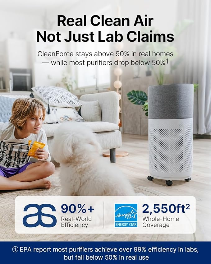 CleanForce Air Purifier for Home Large Room up to 2550 ft², Swiss Sanitized HEPA & Carbon Filter, asthma & allergy friendly Certified for Dust/Pollen/Pet Dander, Alexa/App Control, Ozone-Free, Rainbow