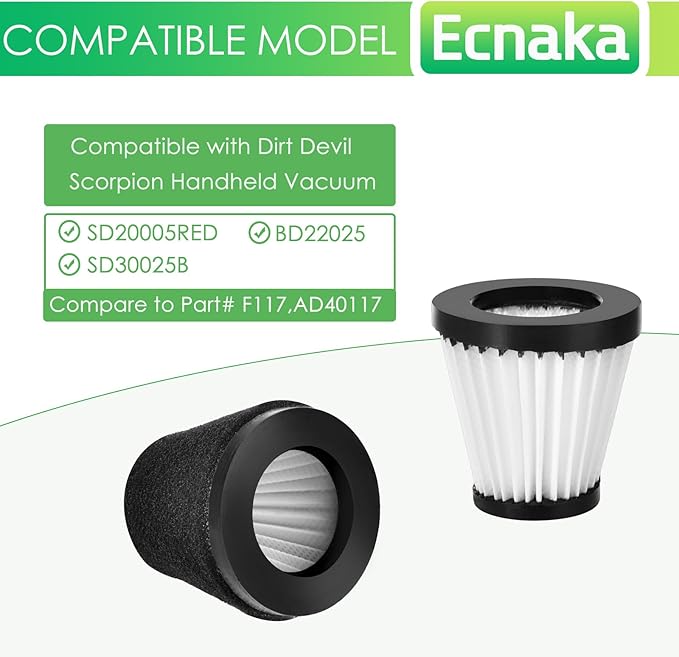 F117 Scorption Filter Compatible with Dirt Devil Scorpion Models SD20005RED SD30025B BD22025, Compare to Part# AD40117 (4 Pack Hepa Filter & 8 Pack Sponge Filter)