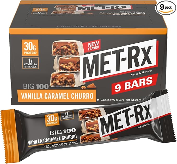 MET-Rx Big 100 Colossal Protein Bars, Vanilla Caramel Churro Meal Replacement Bars, Brown, 9 Count