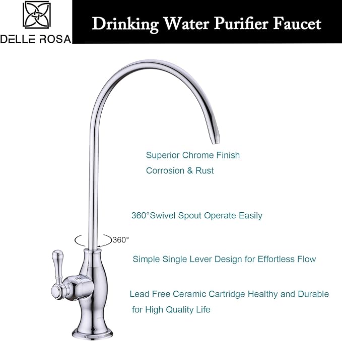 Delle Rosa Drinking Water Purifier Faucet, Commercial Water Filtration Faucets for Under Sink Water Filter System, Modern Best Brass Kitchen Bar Sink Drinking Water Faucet, Chrome