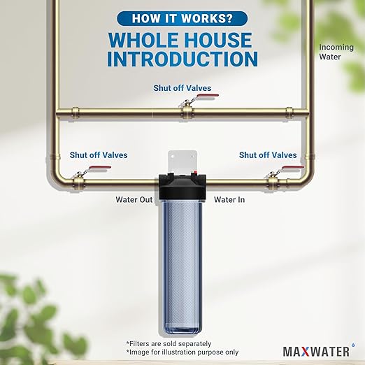 Max Water Whole House 20" x4.5" Purple Clear WH Water Filter Housing 1 inch Inlet/Outlet Ports with Wrench and Bracket (1 Housing)