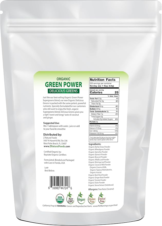 Z Natural Foods Organic Green Powder Supergreens, Superfood Powder, Antioxidant-Rich, Nutrient-Dense Greens Blend, 100% Natural Superfood, Vegan, Gluten Free, Non-GMO, Kosher, 5 Lb