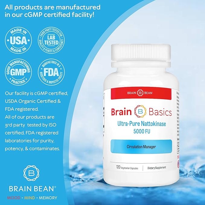 Brain Basic Ultra-Pure Nattokinase 5000 FU – 120 Capsules - Natural Blood Circulation Support with Highest Potency Available – Non-GMO, Vegan, Gluten Free