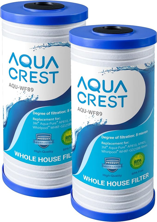 AQUA CREST AP810 Whole House Water Filter Replacement for 3M® Aqua-Pure AP810, AP801, AP811, Whirlpool® WHKF-GD25BB, WHKF-DWHBB, 5 Micron, 10" x 4.5", Well & Tap Water Filter, Pack of 3
