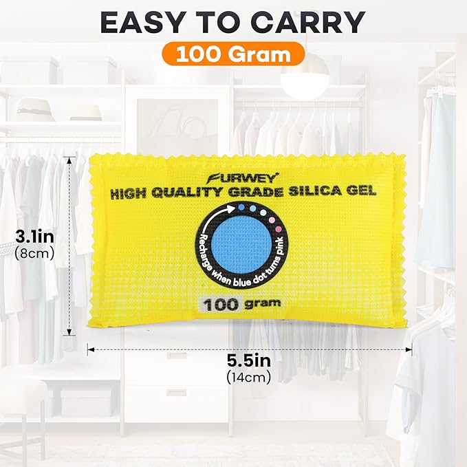 100g (12 Packs) Rechargeable Desiccant Packs for Storage, Color Indicating Silica Gel Desiccant Packets, Moisture absorbers for storage,Dehumidifier bag for Closets,Cars,Storage Bins
