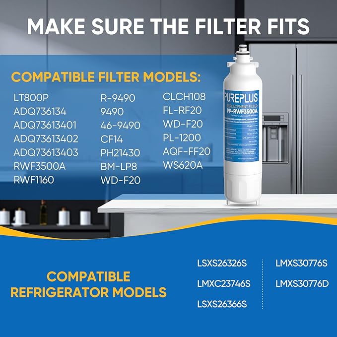 PUREPLUS Replacement for ADQ73613401, LG® LT800P®, LT800PC, ADQ736134, ADQ73613402, LSXS26326S, LSXS26366S, LSXS26366D, LMXC23746S, 46-9490, Refrigerator Water Filter and LT120F® Air Filter, 3 Combo