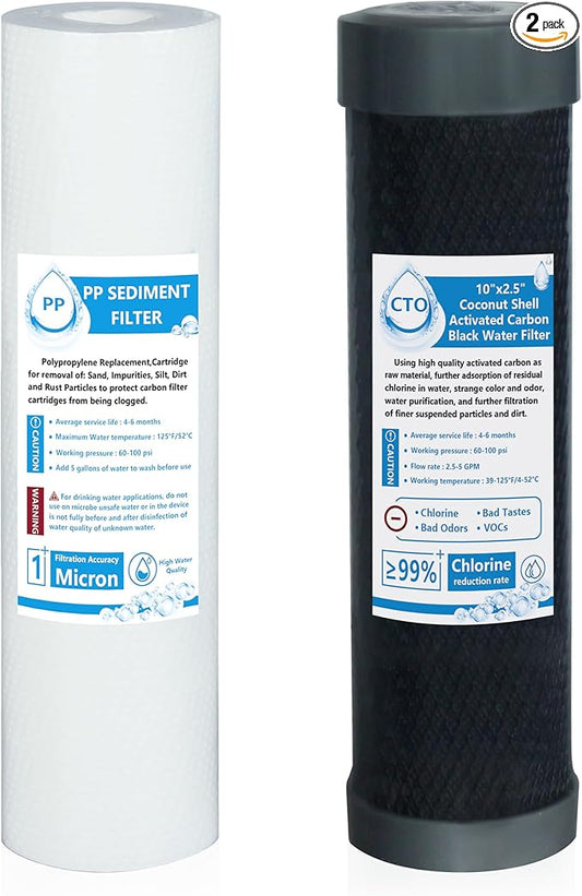 External RV Dual Replacement Water Filters - 10" x 2.5" 1 Micron PP Sediment Filter and Activated Carbon Block Water Filter - Replacement Cartridges