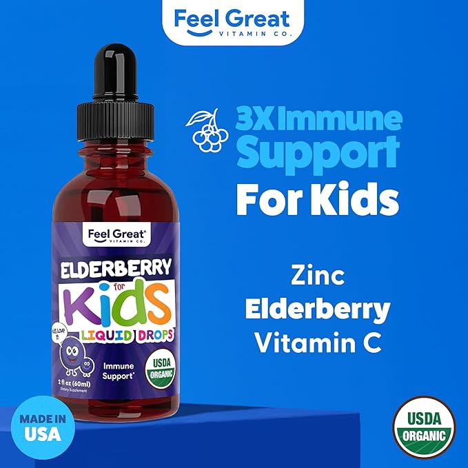 Elderberry for Kids Liquid Drops with Vitamin C & Zinc - 2oz - Children and Toddler Immune Support Supplement USDA Organic Sambucus Elderberry Extract Ages 1-13 Years - Made in USA - 2 fl oz