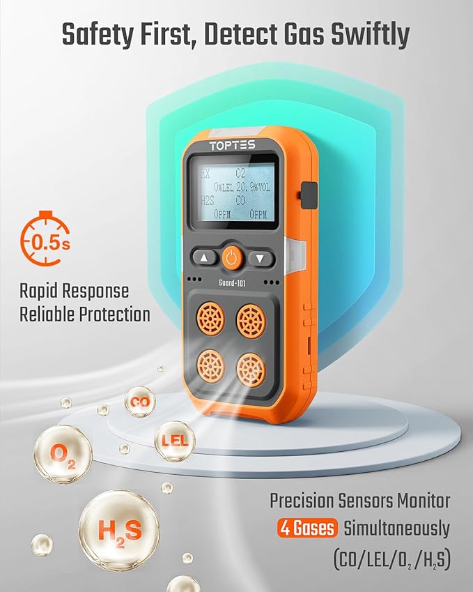 Guard-101 Gas Detector, 4 Gas Monitor for H2S, CO, LEL and O2, with Vibration, Visual and Audible Alarms, 14h Long Battery Life, Safety Explosion-Proof, for Work, Home - Orange