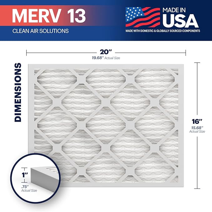 BNX TruFilter 16x20x1 Air Filter MERV 13 (4-Pack) - MADE IN USA - Electrostatic Pleated Air Conditioner HVAC AC Furnace Filters for Allergies, Pollen, Mold, Bacteria, Smoke, Allergen, MPR 1900 FPR 10
