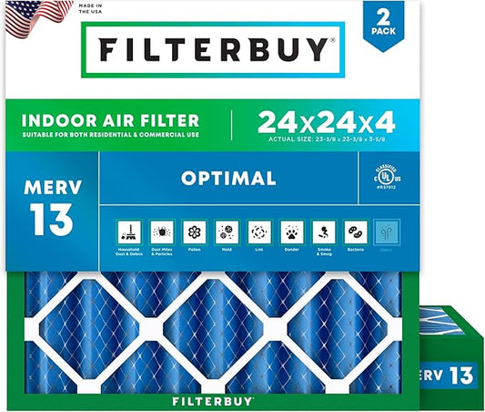 Filterbuy 24x24x4 Air Filter MERV 13 (MPR 1900) Health Defense Replacement (2-Pack), Electrostatic Pleated HVAC AC Furnace Filters, Made in USA (Actual Size: 23.38 x 23.38 x 3.63)
