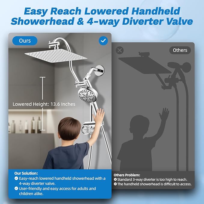 Hibbent Upgraded All Metal 10"Rainfall Showerhead Combo, High Pressure Shower Head with 10-Spray Mode Handheld, Innovative 4-way Diverter with Pause Mode, 71'' Shower Hose and Handheld Holder, Chrome