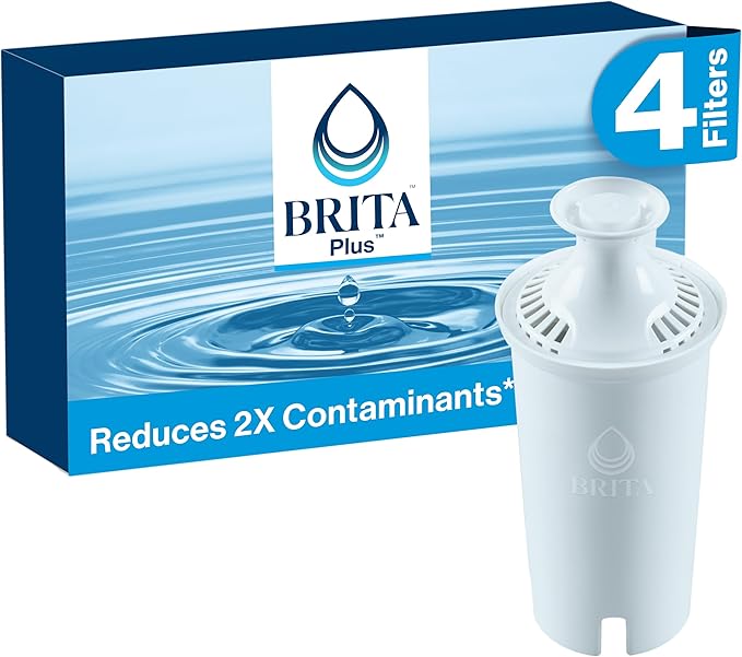 Brita Plus Water Filter, BPA-Free, High-Density Replacement Filter for Pitchers and Dispensers, Reduces 2x Contaminants*, Lasts Two Months or 40 Gallons, Includes 4 Filters