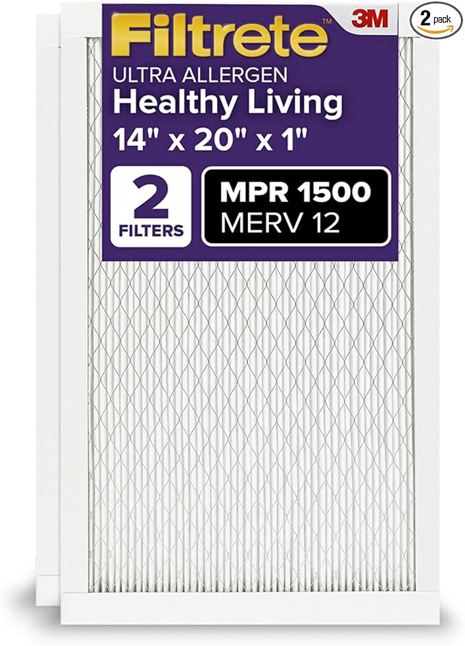 Filtrete 14x20x1 AC Furnace Air Filter, MERV 12, MPR 1500, CERTIFIED asthma & allergy friendly, 3 Month Pleated 1-Inch Electrostatic Air Cleaning Filter, 2-Pack (Actual Size 13.81x19.81x0.78 in)