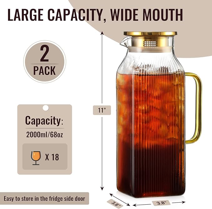 2 Pack 2 Liter/68 oz Square Glass Pitcher with Lid, Classic Stripes Water Pitchers with Handle for Fridge, Large Jug for Iced Tea, Coffee, Borosilicate Glass Carafe for Hot/Cold Brew Drink, Gold