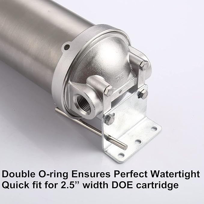 Amwater NSF/ANSI 42 Stainless Steel Whole House Water Filter Housing, 10" x 2.5" Sediment Water Filter System for Heavy Duty, Well & City Water, 1" NPT Port, Drain Valve Style A