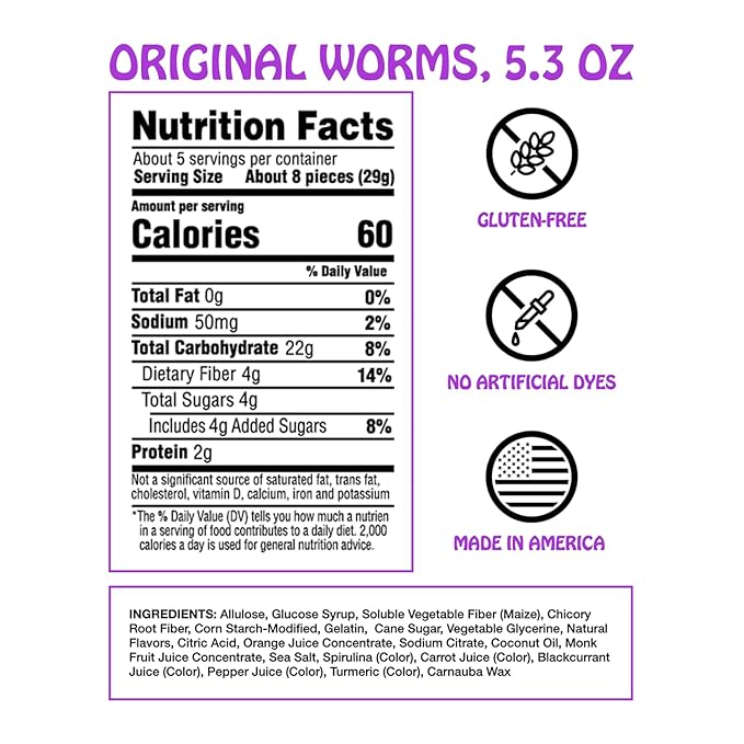 Rotten Original Gummy Worms - Low Sugar, Low Calorie, 7g Gut-Friendly Prebiotic Fiber and 3g Protein, Gluten Free Candy - 5.3 oz Share Pack [4 Pack]