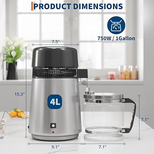 GarveeHome Water Distillers for Home Countertop, 1Gal/4L Stainless Steel Distilled Water Machine with Glass Container, 750W Desktop Drinking Purifier Filter Distilling Kit, Silver