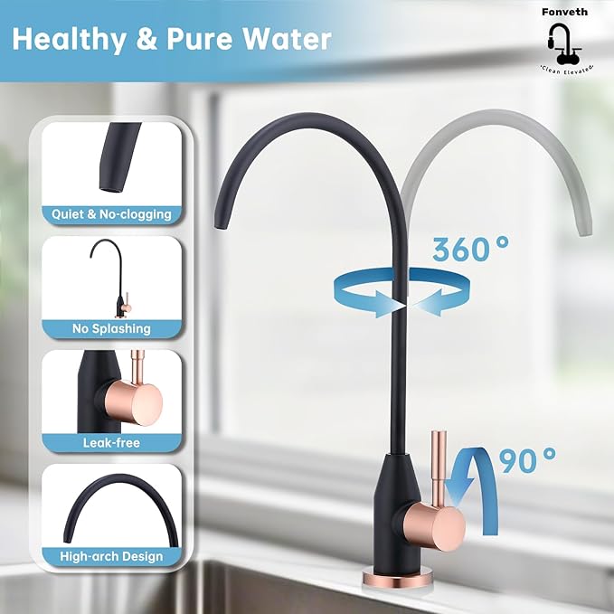 Drinking Water Faucet, Black and Red Copper RO Faucet Stainless Steel for Under Sink Water Filter System Reverse Osmosis Non-Air Gap for Kitchen