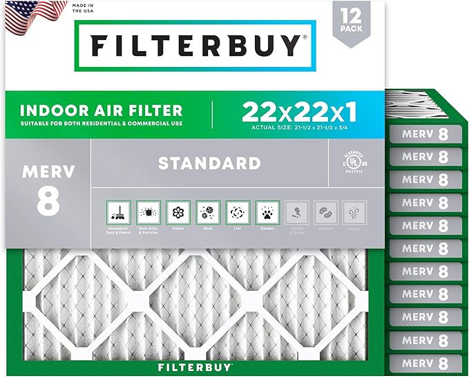 Filterbuy 22x22x1 Air Filter MERV 8 (MPR 700) Dust Defense Replacement (12-Pack), Electrostatic Pleated HVAC AC Furnace Filters, Made in USA (Actual Size: 21.50 x 21.50 x 0.75)