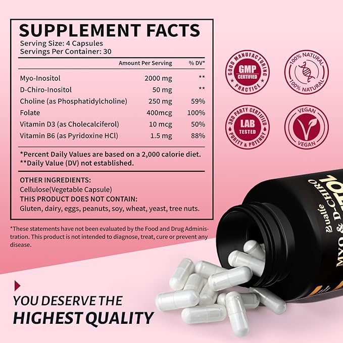 Myo-Inositol & D-Chiro Inositol Supplement for Women, 40:1 Ratio, Hormone Balance, Menstrual Cycle & Ovarian Health Support, Vegan, Non-GMO, 120 Myo & D-Chiro Inositol Capsules