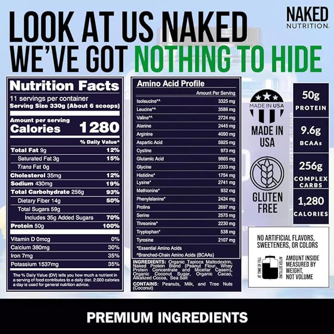 NAKED Chocolate Peanut Butter Mass - 1,280 Calories, 50G Protein, Nothing Artificial. All Natural Weight Gainer Protein Powder - 8Lb Bulk, GMO Free, Gluten Free & Soy Free