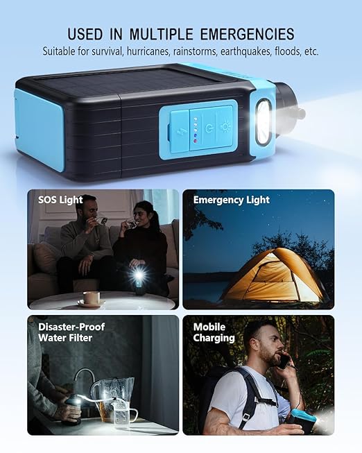 3-in-1 Solar Electric Water Filter with Hand Pump - Camping Water Filtration System Survival, Portable Water Purifier with Emergency Light, Survival Kit for Backpacking, Birthday Gifts for Men