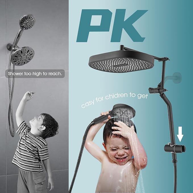 14" x 8" Rectangle High Pressure Rainfall Shower Head with Handheld Combo, 6 Setting Handheld Shower Head, Adjustable Height Shower Extension Arm and Slide Bar for Easy Reach - Matte Black