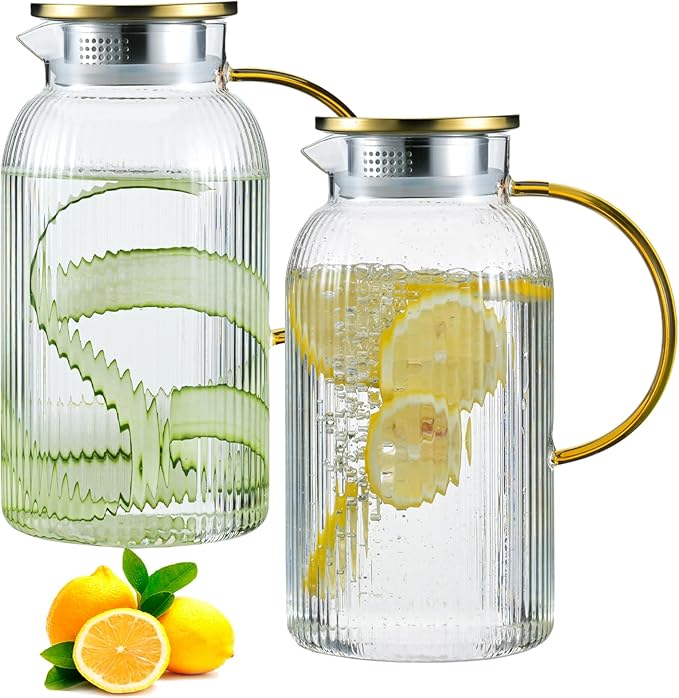2 PACK Glass Pitcher with Lid and Handle,68 oz/ 2 Liter Vertical Stripes Water Pitcher,Glass Water Carafe for Fridge,Hand Blown Heat Resistant Borosilicate Water Jug for Hot/Cold Drinks,Gifts