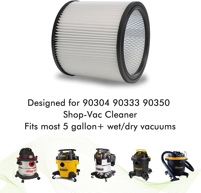 12 PCS Cartridge Filter 90304 Compatible with Shop Vac 90350 90333 5 Gallon and above，with 90585 Foam Filter, 90107 Filter，10-14 Gallon Vacuum Bags,Retaining Bands
